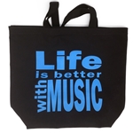 Notables Life is Better with Music Black Tote Bag with Blue Lettering